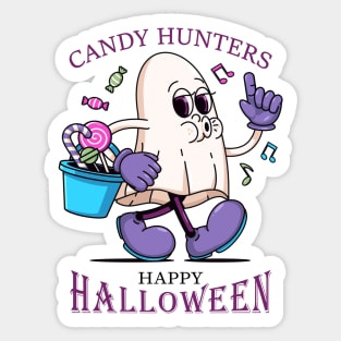 Happy Halloween, Cartoon illustration of a white cloth ghost carrying a tub of candy Sticker